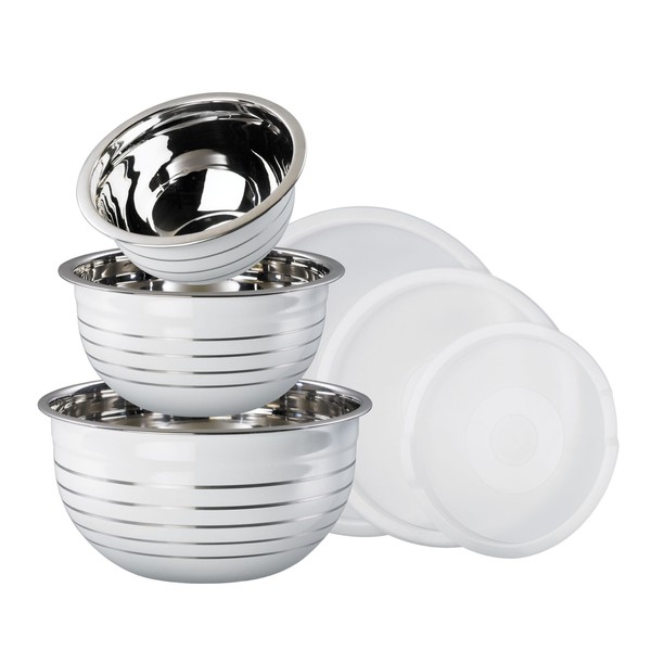 KING Classic S57W Bowls with Lids 3-Piece Set 18/22 / 26 cm White and Silver Stripes