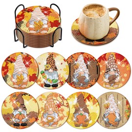 8 Pcs Fall Gnome Diamond Art Painting Coasters Kits with Holder DIY Fall Gnome Diamond Art Coaster with Cork Bases for Adults Diamond Painting Kits Supplies for Fall Gift