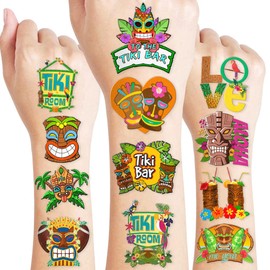 Tiki Aloha Hawaiian Temporary Tattoos 10 Sheets 100PCS Luau Party Decorations Supplies Favors Tropical Summer Theme Birthday Cute Stickers Christmas Gifts for Boys Girls Class School Prizes Carnival