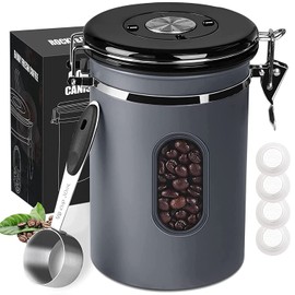 1500ML Airtight Coffee Canister with Date Tracker Transparent Window, 18OZ Coffe Beans Storage with 30ML Measure Spoon&4 co2 Valve, Kitchen Food Storage Container for Grounds Coffee,Beans(Gray)