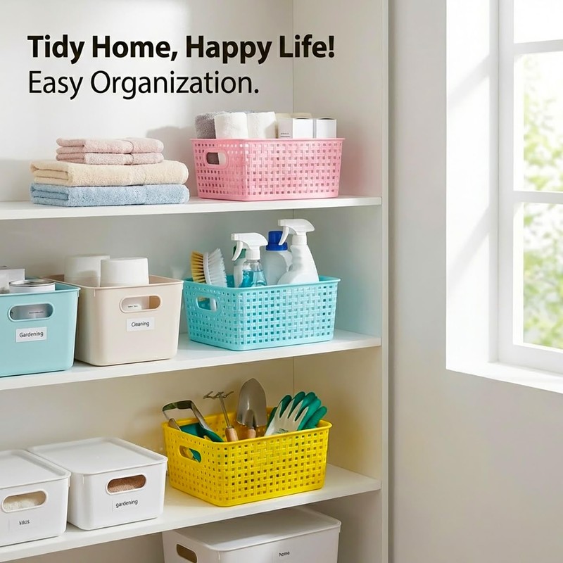 Colorful Small Plastic Storage Woven Baskets, 6 Pack Versatile Shelf