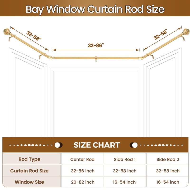 Bay Window Curtain Rods, USFOOK Gold Curtain Rods for Bay
