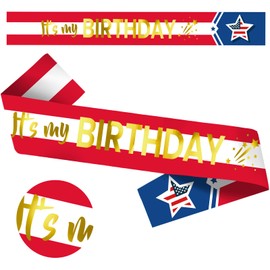 It's My Birthday Sash with Gold Foil - American Flag Birthday Sash Decorations for Girls or Boys, Women or Men, Sweet 16, 18th 21st 30th 40th or Any Happy Bday Party, USA Flag, Independence Day
