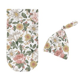 Sweet Jojo Designs Vintage Floral Boho Baby Girl Cocoon and Beanie Hat 2pc Set Jersey Stretch Knit Sleeping Bag for Infant Newborn Nursery Sleep Wrap Sack - Pink Green Shabby Chic Flower Farmhouse