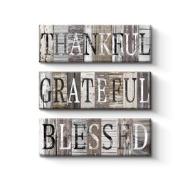 Thankful, Grateful, Blessed Sign Set of 3 Rustic Canvas Prints Wall Art Decor (With Solid Wood Inner Frame) (T-B-G-set, 8 x 24 inch)