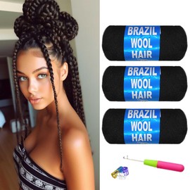 FFDDear 3 Roll Brazilian Wool Hair Yarn for Hair Braiding Crochet Hair African Braids/Spring Twist Hair/Senegalese Twist/Jumbo Braiding/Faux Locs Knitting Hair Braids(3 Roll, 1B)