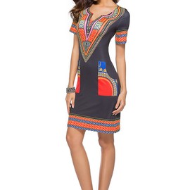 JTNFairy African Dresses for Women Elegant V Neck Short Sleeve Casual Knee Length African Attire Dress with Pockets