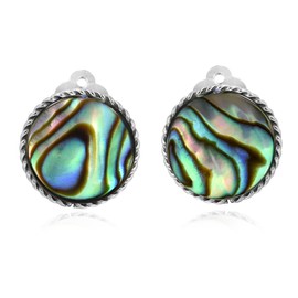 Aeravida Classic 16mm Round Abalone Shell Botton .925 Sterling Silver Clip On Earrings | Classic Sterling Silver Stud Earring for Women | Vintage Round Clip On Earrings | Gift for Women