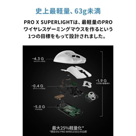 Logicool G PRO X SUPERLIGHT Wireless Gaming Mouse, G-PPD-003WL-WH, Under 2.2 oz (63 g), Lightweight, LIGHTSPEED, HERO 25K Sensor, POWERPLAY, Wireless, Charging Compatible, Gaming Mouse, White, PC