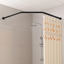 Yampos Diamond Shaped Corner Shower Curtain Rod, [Both Sides: 22"-34.8", Middle: 28"-43.7"] Adjustable Heavy Duty Angled Shower Curtain Pole for Bathroom with 12 Hooks & Ceiling Support - Matte Black