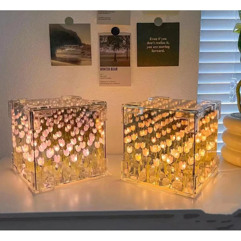 Jextech Cubo Tulipanes Infinito Lámpara Noche Cubo Espejo Romántico