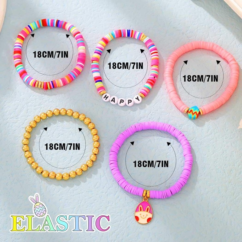 JEWEKY Easter Stackable Bracelets Set Gold Beaded Clay Bunny Stretch