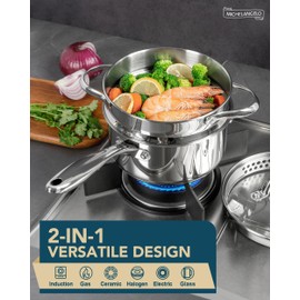 MICHELANGELO Stainless Steel Sauce Pot Set with Steamer 5Pcs, 18/10 Saucepan Set with Pour Spout & Strainer Glass Lids, Sauce pan with Triply Bottom Induction Compatible - 1QT & 2QT