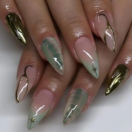 ANDGING Green Almond Press on Nails Short Medium French Tip Fake Nails with Gold Leaf Designs Full Cover Glue on Nails for Wedding Gel Acrylic Pressons Nails False Nails for Women Stick on Nails