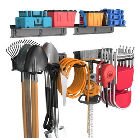 WALMANN Wall Mounted Garden Tool Rack with Shelves for Garage, Heavy Duty Folding Chair Hangers, 11-Inch Tool Storage Hooks for Shovels, Rakes, Ladders