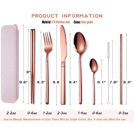 AARAINBOW 7 Pieces Stainless Steel Flatware Set Portable Reusable Cutlery Set Travel Utensils Set Including Chopsticks Knife Fork Spoon Straws Cleaning Brush Dishwasher Safe (Rose golden)