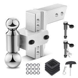 Adjustable Trailer Hitch for 2.5” Receiver, 18500 LBS GTW Aluminum - 6” Drop/Rise with 2-inch and 2-5/16 inch Dual Ball, w/Anti-Theft Lock & Hitch Tightener Silver
