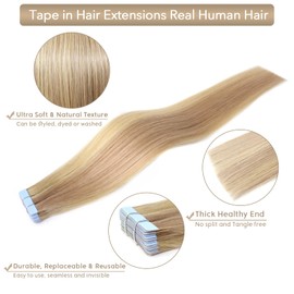 Atbering Tape in Hair Extensions, Seamless Tape in Hair Extensions Real Human Hair for Women, Thick and Natural Light Blonde Highlighted Golden Blonde Hair Extensions Tape ins 20inch 2.5g 20pcs