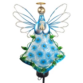 COOZZYHOUR 38Inch Angel Solar Garden Lights Outdoor Decorative-Metal&Glass Angel Hydrangea Flower Garden Stake Lights- Waterproof 30 Warm White LED for Remembrance & Sympathy Gifts（Blue）
