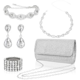 Wecoe 5pcs/set Silver Jewelry Purse Set For Women Clutch Handbags Rhinestone Diamond Earrings Necklaces Bracelets Ring Set Wedding Bridal Homecoming Prom Costume Jewelry Formal Evening Bag Accessories