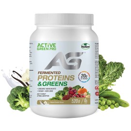 Active Green Pro - Fermented Proteins & Greens - Organic plant based Vegan Protein for your improved gut health, 20g Protein, Sugar Free, Low Fats and Carbs, Yummy Natural Vanilla Flavour, 520g