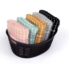 BAVIN 100% Egyptian Cotton Terry Tea Towels Waffle Weave Super Soft and Absorbent Kitchen Cloths, Dish Cleaning Sand Bar Towel - 60x45 cm - White Check - Golden