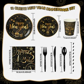 HOWAF 109pcs New Year Party Tableware Set for 12 Guests, 2025 New Year Eve Party Dinnerware Set, Happy New Year Tablecloth, Gold Glitter New Year Plates, Napkins, Cups, Knife, Fork and Spoon