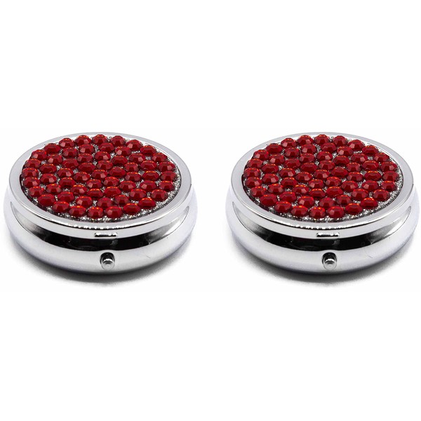 Set of 2 Circular Triple-Compartment Pocket Purse Pill Box & Organizer with Insert (Red Gemstones)