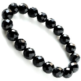 Men's Women's Onyx Bracelet, Black Agate, Natural Stone, Power Stone, 64 Sides Cut, 0.4 inches (10 mm)