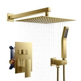 FORIOUS Rain Shower Head System, 12 Inch Shower Faucet Set with with Handheld Spray Combo, Solid Brass Pressure Balanced Valve Fixtures, Wall Mounted, Brushed Gold