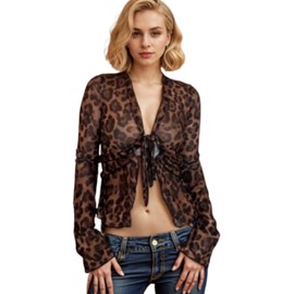 Wayolyn Y2k Cheetah Print Top Ruffles Trim Chiffon Tops Sexy Long Bell Sleeve Leopard Lace Blouse Coquette Vintage Clothes (Leopard,Small,Small)