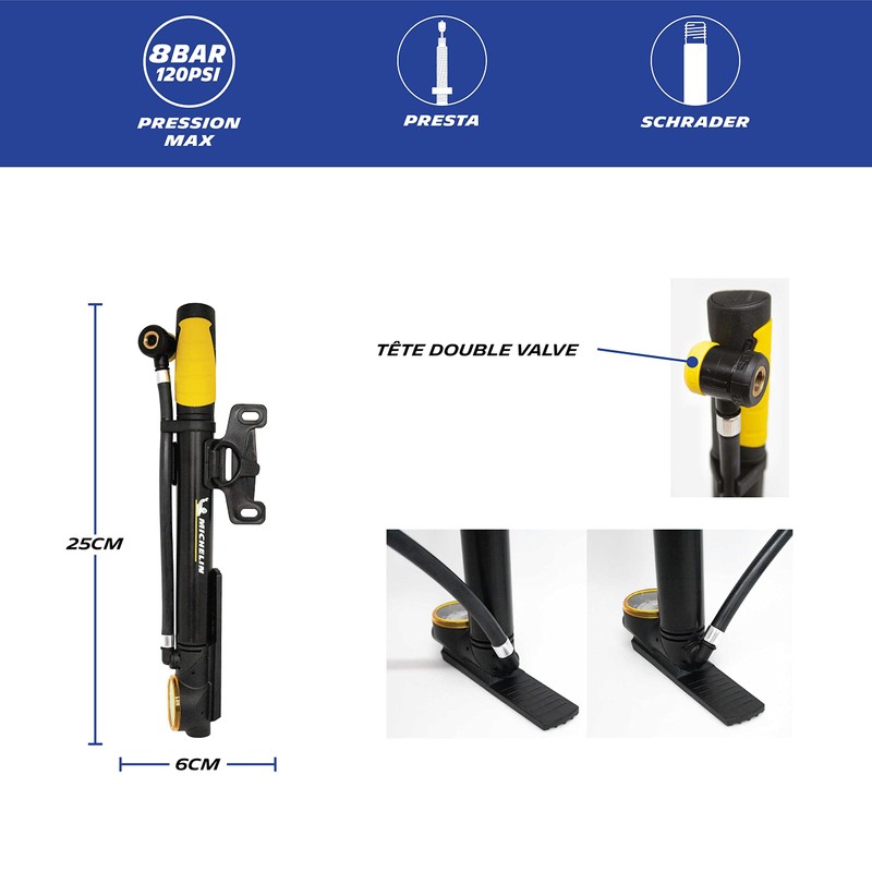 MICHELIN Mini Aluminium Foot Pump, Blue, Pression maximale accessible :