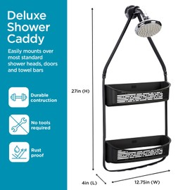 Black & Decker 2-Way Convertible Hanging Anti-Swing Shower Caddy, 2 Way Adjustable Arm, Over The Door, Loofah & Razor Hooks, Storage & Organization, Large and Small Bottles and More, Black
