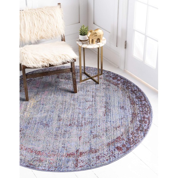 Unique Loom Austin Collection Casual, Traditional, Geometric Area Rug, 6' 0 x 6' 0 Round, Violet/Ivory