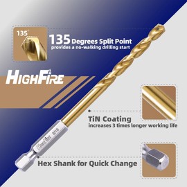 HIGHFIRE 5/16" 135 Degrees Split Point Drill Bits, Hex Shank Twist Drill Bits, DIY Purpose Drill Bit Set, HSS Titanium Drill Bit, Hex Drill Bits for Steel (Pack of 6 Identical Pcs)