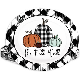 JarThenaAMCS 40Pcs Fall Oval Paper Plates Black White Plaid Pumpkin Dinner Plates Autumn Disposable Tableware for Thanksgiving Party Dinnerware Decor Supplies, 9 x 7.7 in