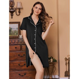 Ekouaer Button Down Nursing Nightgown V Neck Breastfeeding Dress Short Sleeve Classic Maternity Pajamas Black