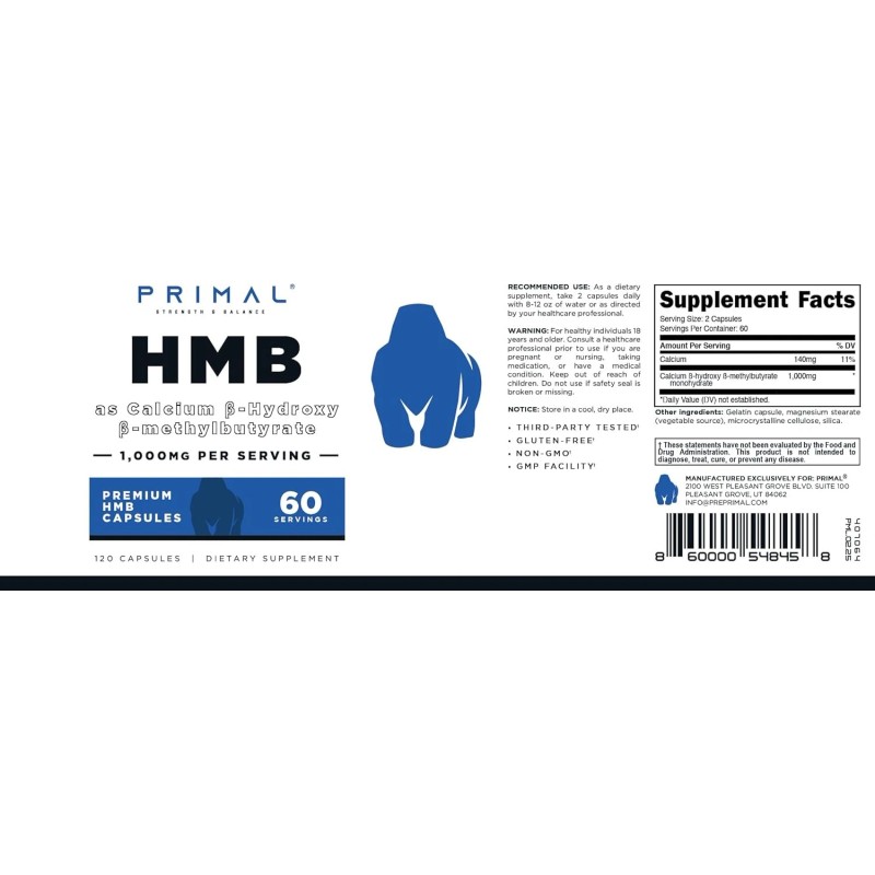 Primal HMB (1000mg, 120 Capsules) | Athlete Formula, Gluten-Free, Non-GMO,...