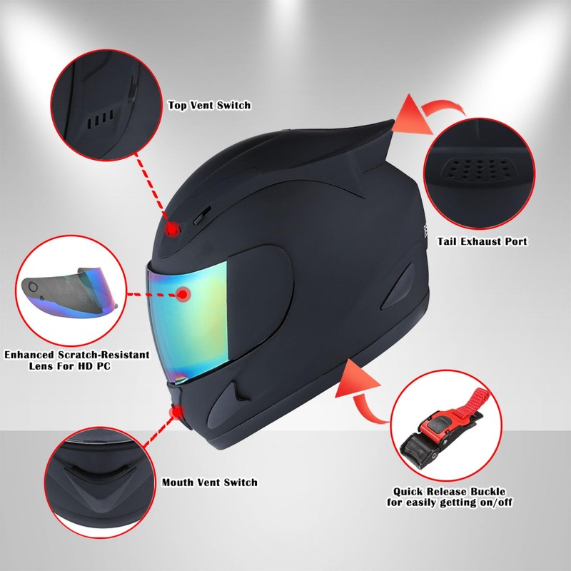 1Storm Motorcycle Bike Full FACE Helmet Mechanic MATT Black; Size