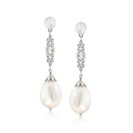 Ross-Simons 1.5-11mm Cultured Pearl and .11 ct. t.w. Diamond Drop Earrings in Sterling Silver