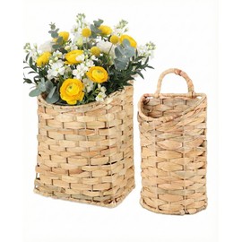 AceList Woven Hanging Basket for Front Door Set of 2, Built-in Iron Frame Handmade Water Hyacinth Wall Mounted Organizer, Natural Wicker Storage for Mail Flowers, Boho Farmhouse Decor for Home