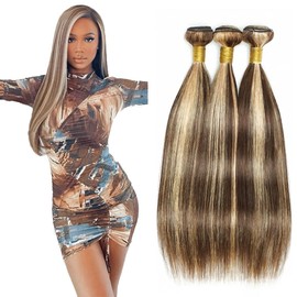 P4613 Bundles Hihlight Straight Huamn Hair Bundles Brown Bundles Human Hair 3 Bundles 16 18 20 Inch Two Tone Dark Brown Mixed With 613 Blonde Bundles Ombre Bundles