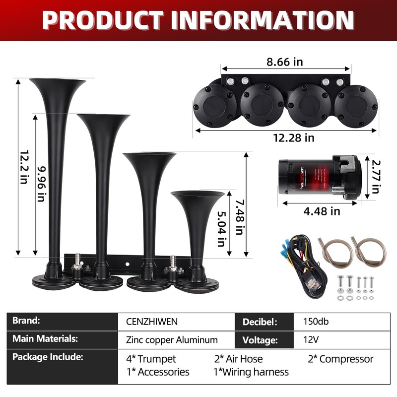 CENZHIWEN 12V Train Air Horn for Truck With 2 Compressors/4