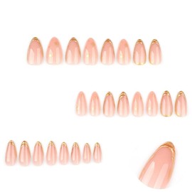 Foccna Press on Nails Short Almond Fake Nails False Nails with Gold Line Design Glue on Nails Acrylic Nails Glossy Full Cover Stick on Nails for Women 24Pcs