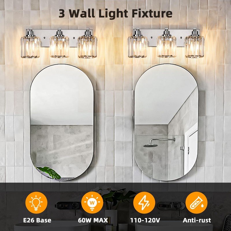 Haolaike 3 Lights Crystal Bathroom Vanity Light Modern Chrome Bathroom