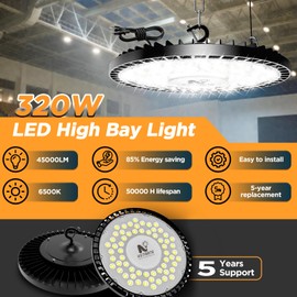 320W 2 Pack UFO High Bay Light LED Shop Lights, 45000LM Garage Lights, 6500K LED Barn Light, Industrial Lamp w/ 6.6ft Plug Power Cord, IP65 Waterproof Work Light for Warehouse Workshop Factory Gym