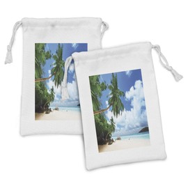 Ambesonne Ocean Fabric Pouch Set of 2, Beach and Coconut Tree Mahe Island in Seychelles Tranquil Coastal Image Print, Small Drawstring Bag for Toiletries Masks and Favors, 9" x 6", Green Blue Aqua