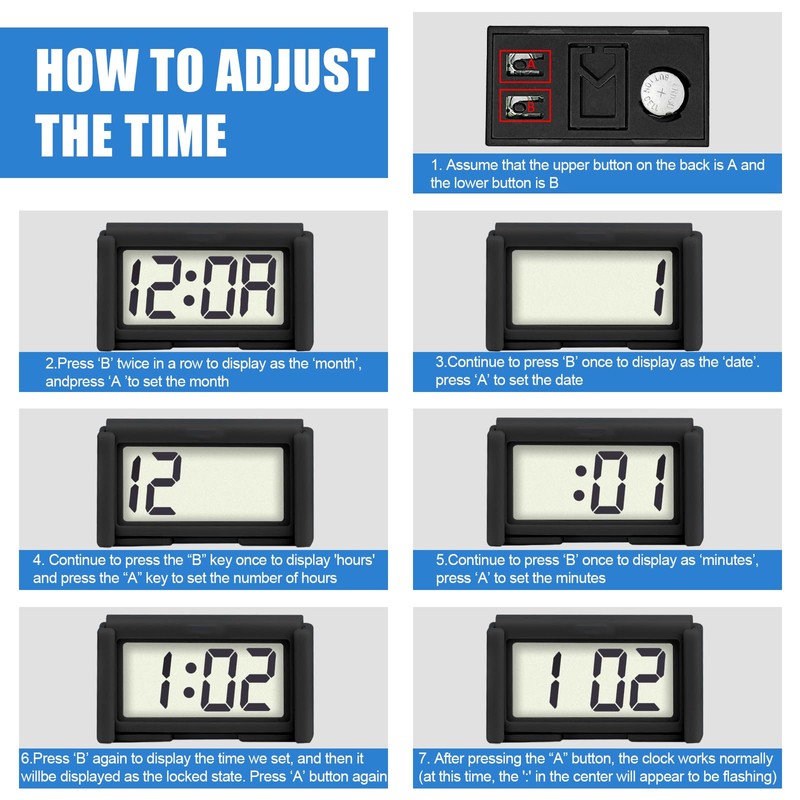 Car Dashboard Digital Clock - with Jumbo LCD Time &