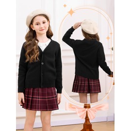 Soudittur Girls' V-Neck Cotton Cardigan Long Sleeves Knitted School Uniform 110-160, black