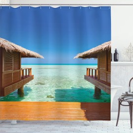 Ambesonne Playa Cortina de Baño, Bungalows en Las Maldivas, Paño Conjunto de Decoración de Baño de Tela y Ganchos, 70" Alto, Marrón Claro Naranja Azul